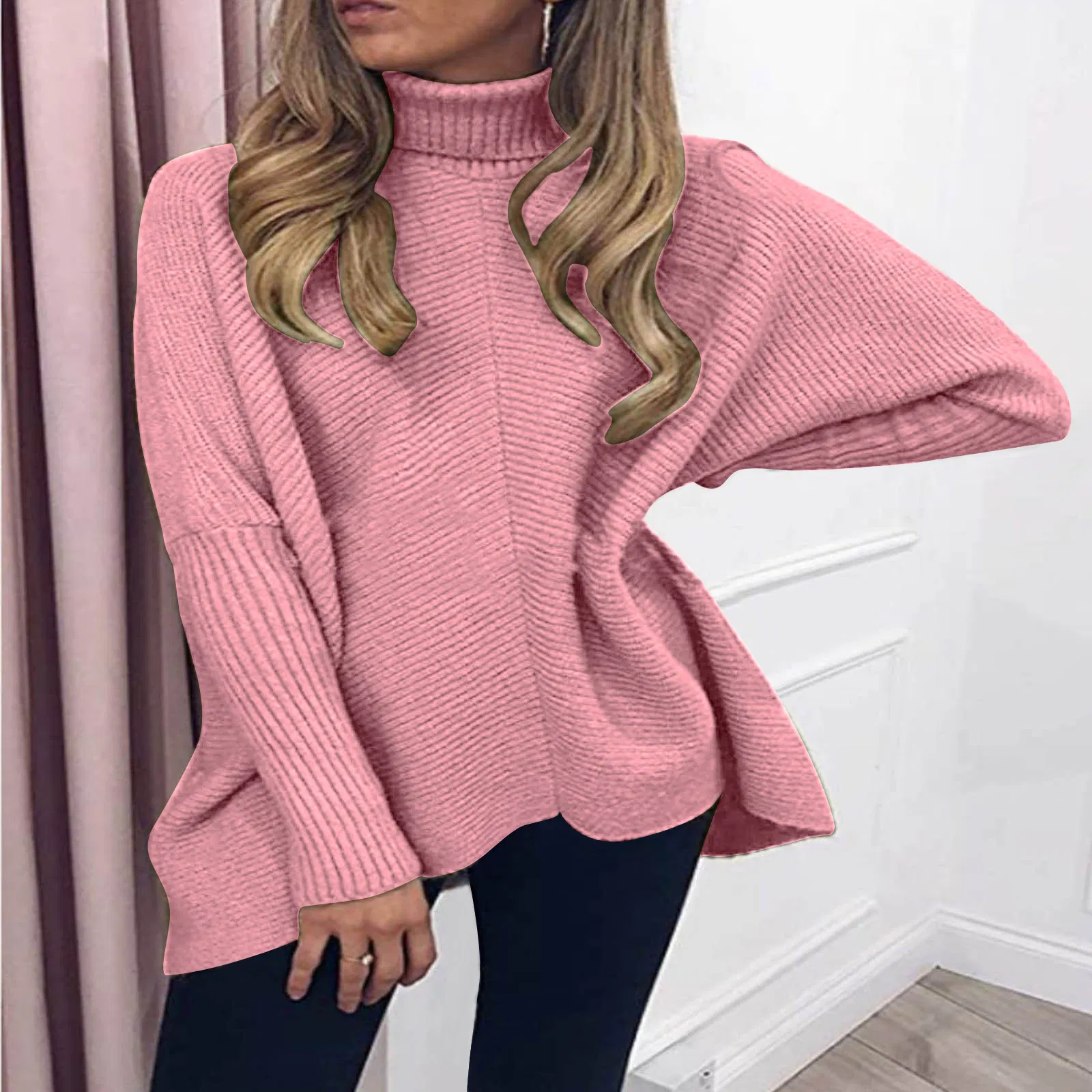 Winter Women Turtleneck Loose Soild Color Oversized Pullover Knit Sweaters