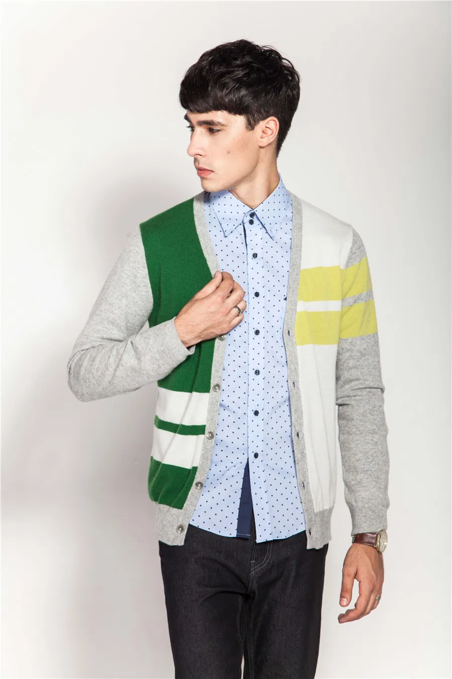 V-Neck Color Block Men Knit 100%Cashmere Cardigan