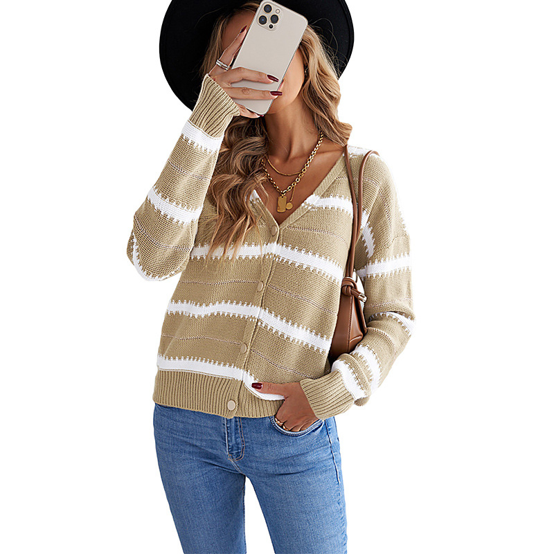 Custom Casual Winter Contrasting Colors Striped Women Coat Sweater Cardigan