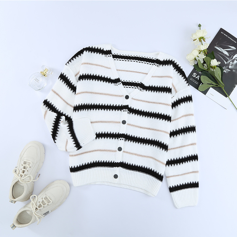 Custom Casual Winter Contrasting Colors Striped Women Coat Sweater Cardigan