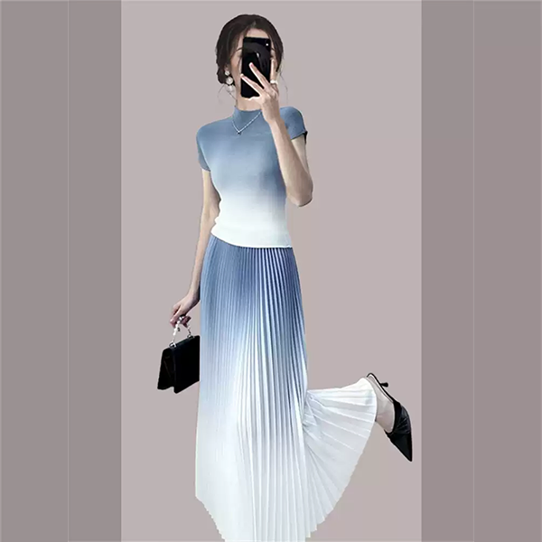 Elegant Gradient Pleated Skirt and Top Set for Women