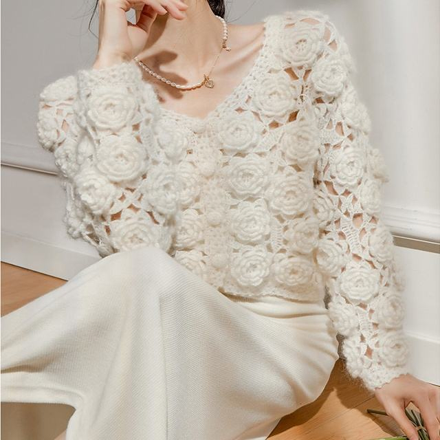 Heavy Industry, White Knitted Sweater, Women&prime;s Autumn and Winter Lazy Style Retro Coat, Cardigan Top