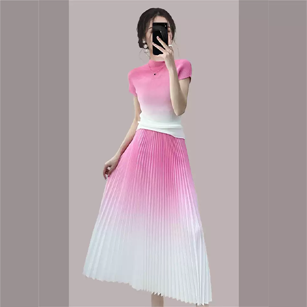 Elegant Gradient Pleated Skirt and Top Set for Women