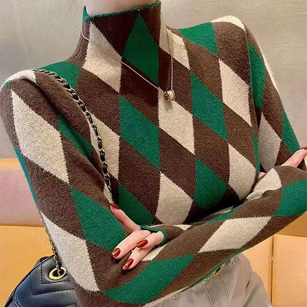 Retro Slimming High Neck Woven Shirt with Prismatic Grid Design for Women