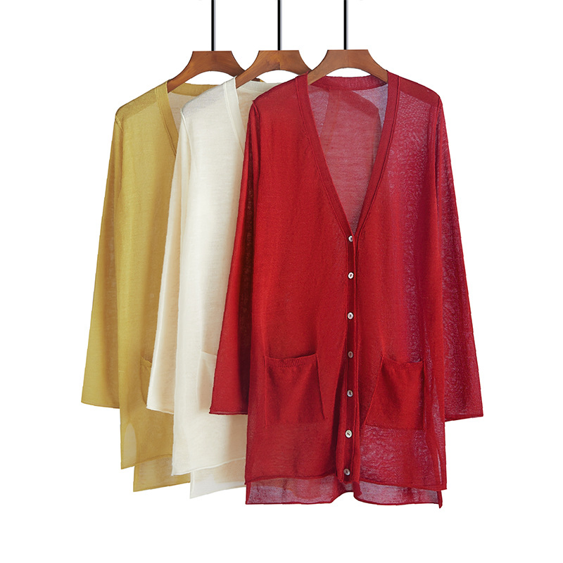 New Spring Pullover Top Custom Winter Striped Women Lightweight Thin Cotton Linen Sheer Cardigan