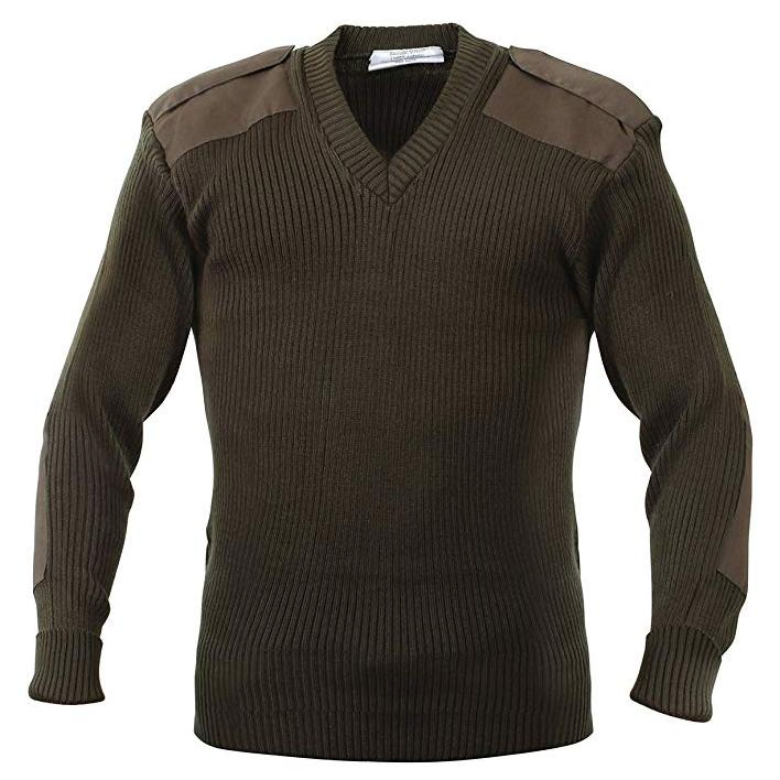 Field Style Pullover V Neck Acrylic Sweater with Patches