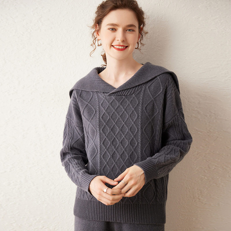 Cashmere Navy Collar Autumn and Winter New Loose Knit Casual Sweater for Lady