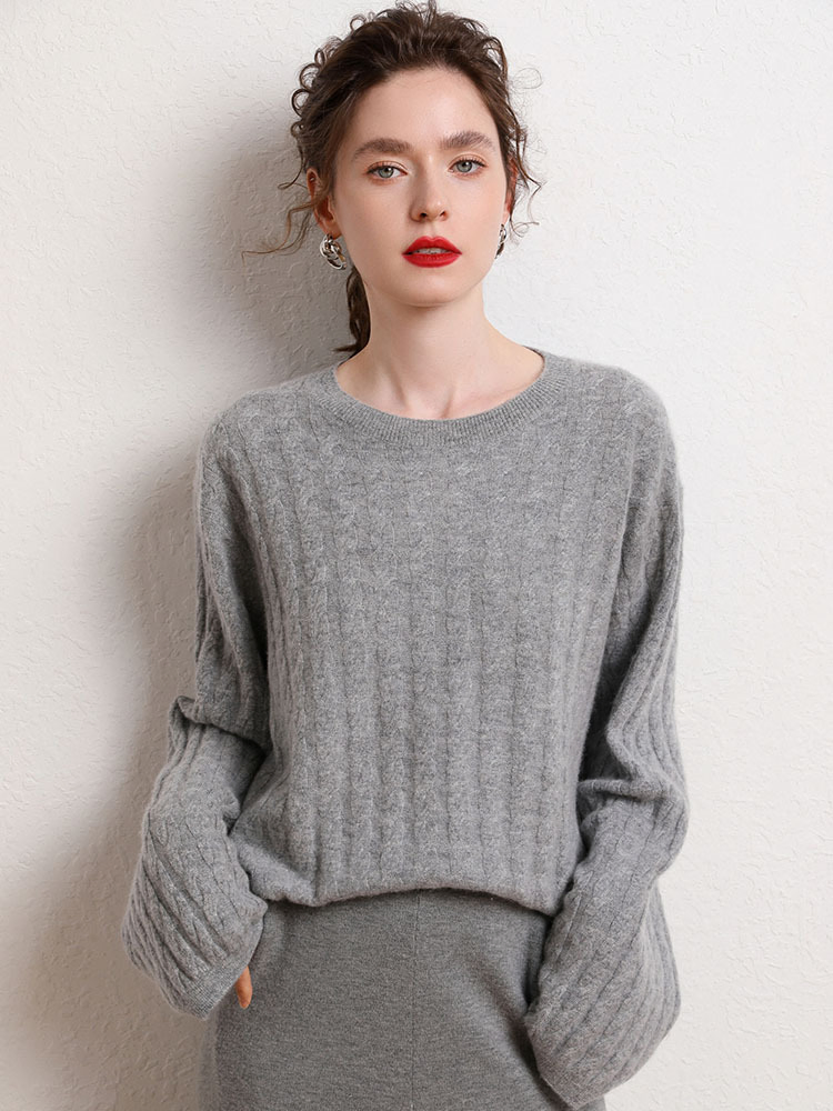 Women&prime;s Cashmere Round Neck Knit Sweater Autumn and Winter Loose Twist Warm Sweater