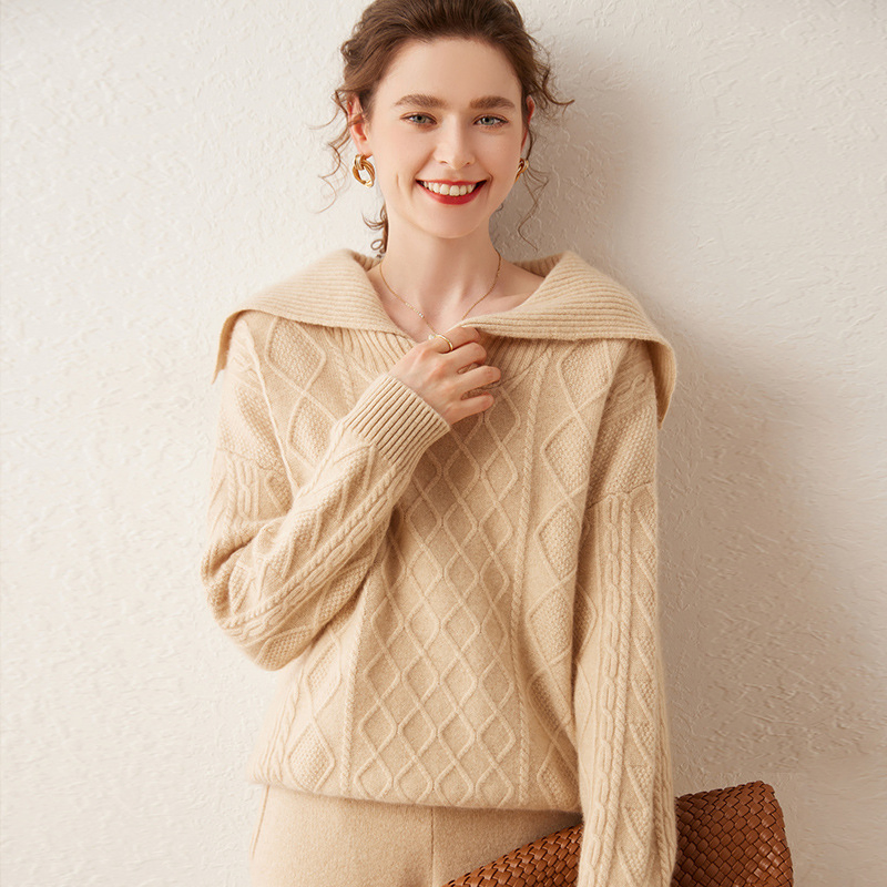 Cashmere Navy Collar Autumn and Winter New Loose Knit Casual Sweater for Lady