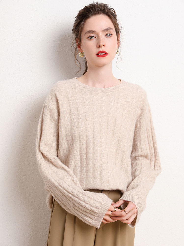 Women&prime;s Cashmere Round Neck Knit Sweater Autumn and Winter Loose Twist Warm Sweater