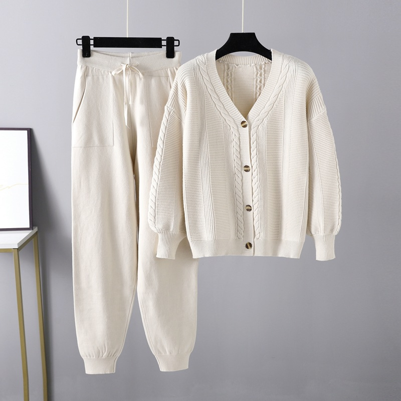 Commuting Warm Two-Piece Set of Lace-up Pants Solid Color Twist Cardigan Sweater