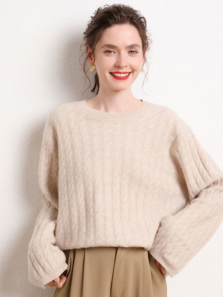 Women&prime;s Cashmere Round Neck Knit Sweater Autumn and Winter Loose Twist Warm Sweater