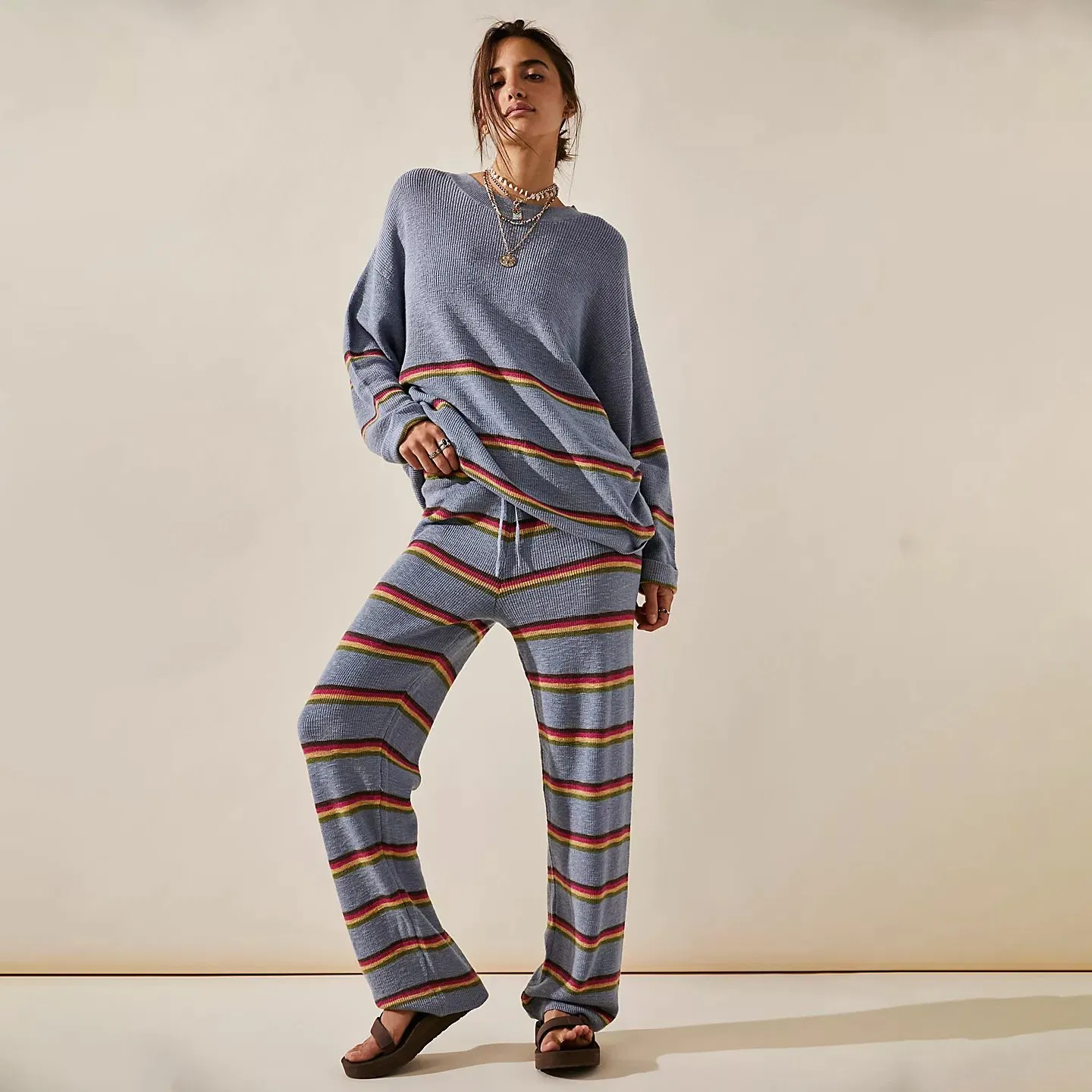Autumn Round Neck Long Sleeve Striped Two Piece Set Loose Casual Pants Women′s Sweater