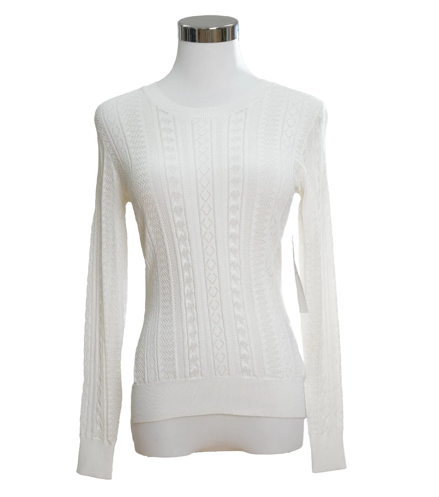 Women&prime;s Lightweight 217g Viscose-Nylon Jacquard White Pullover Sweater
