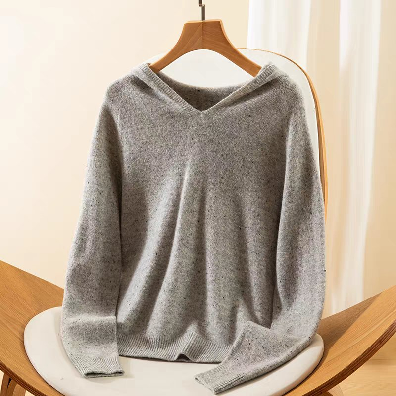Women&prime;s Solid Color Causal Seamless Hooded Lightweight Sweater 100% Wool
