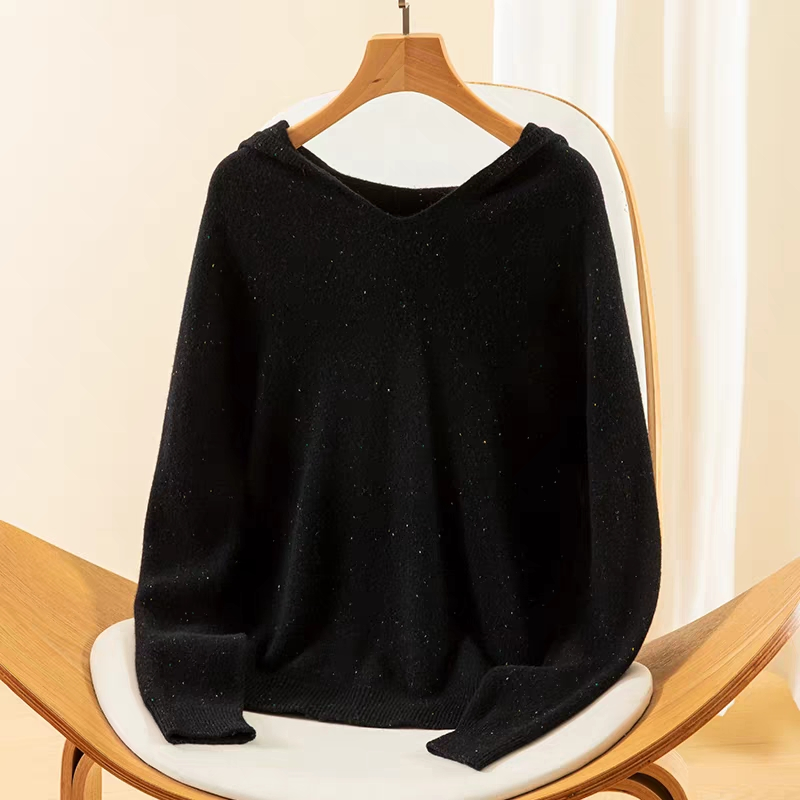 Women&prime;s Solid Color Causal Seamless Hooded Lightweight Sweater 100% Wool