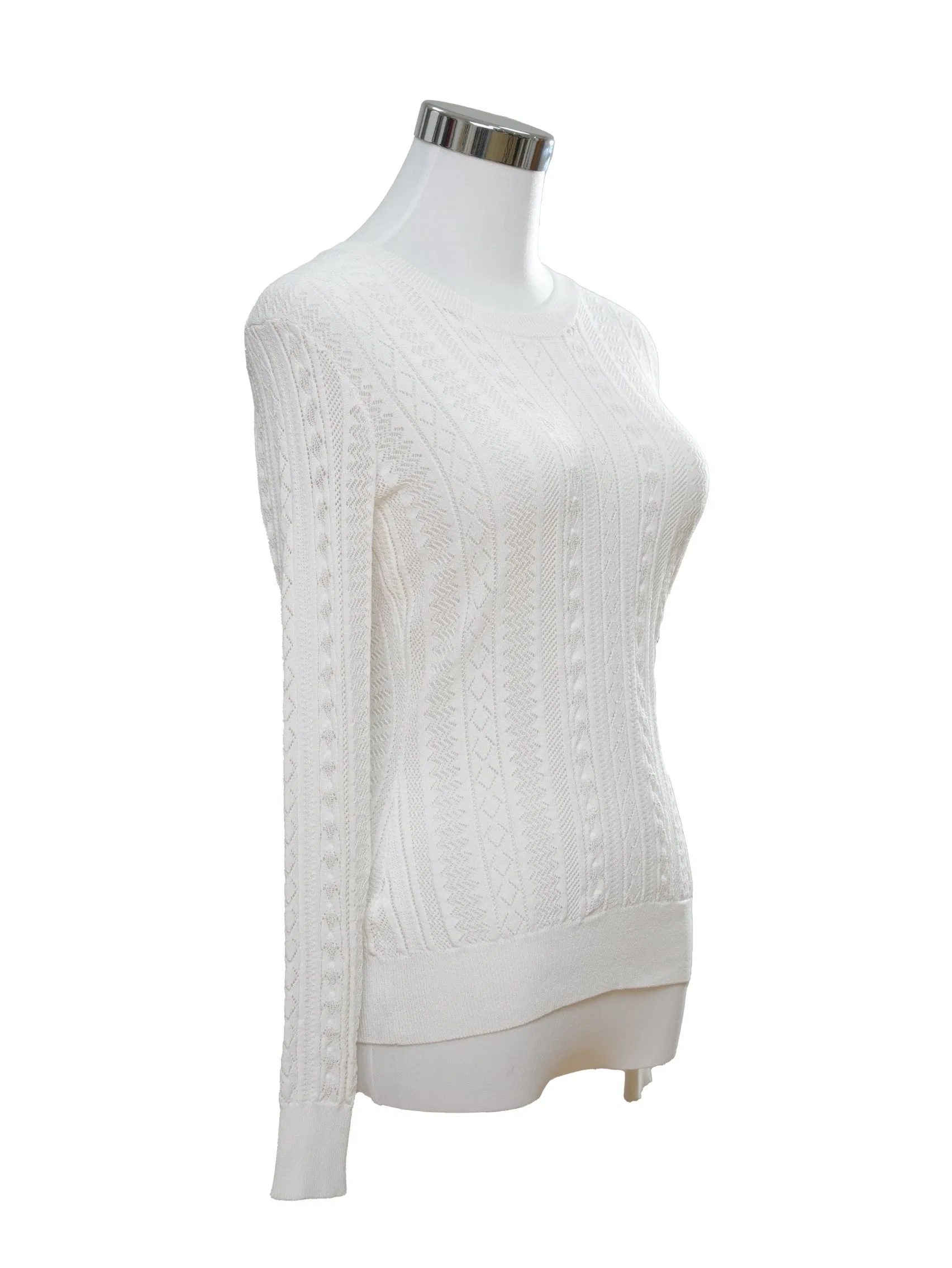 Women&prime;s Lightweight 217g Viscose-Nylon Jacquard White Pullover Sweater