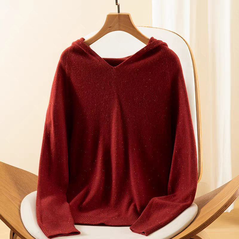 Women&prime;s Solid Color Causal Seamless Hooded Lightweight Sweater 100% Wool