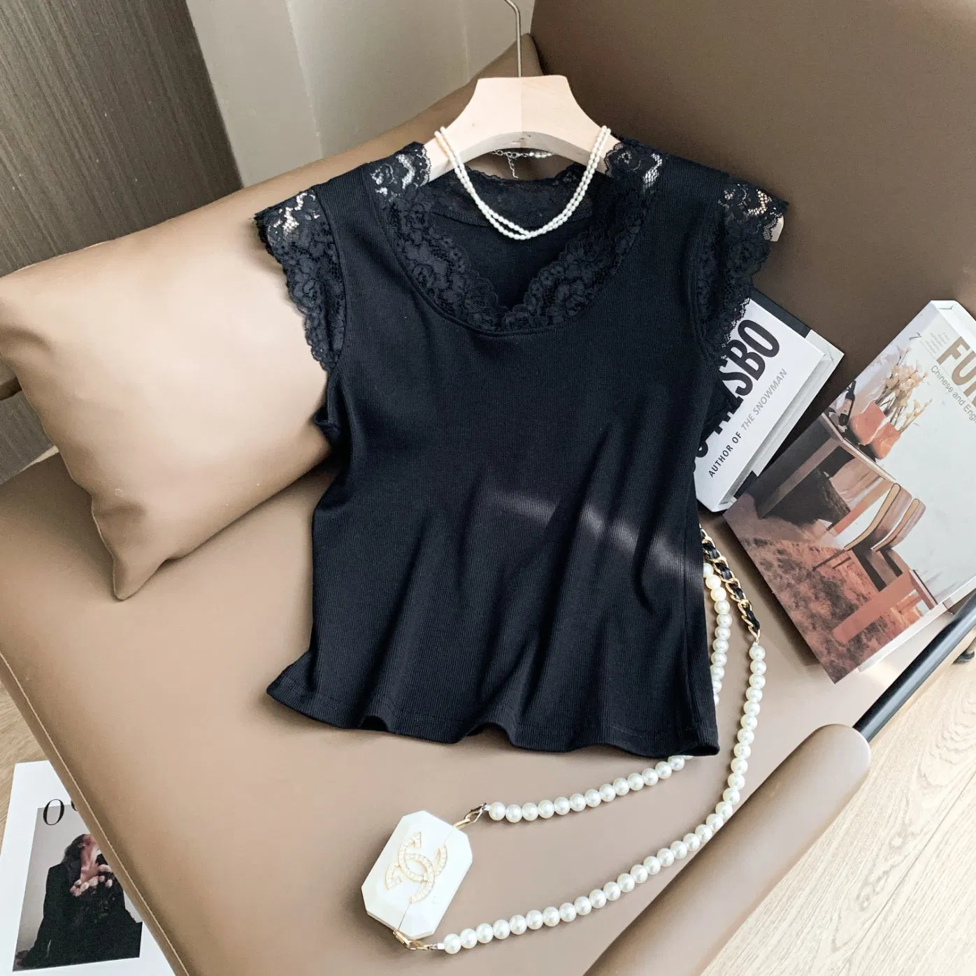 Lace Sleeveless Knit Cami Top: Women&prime;s Stretchy Slim Fit Base Shirt