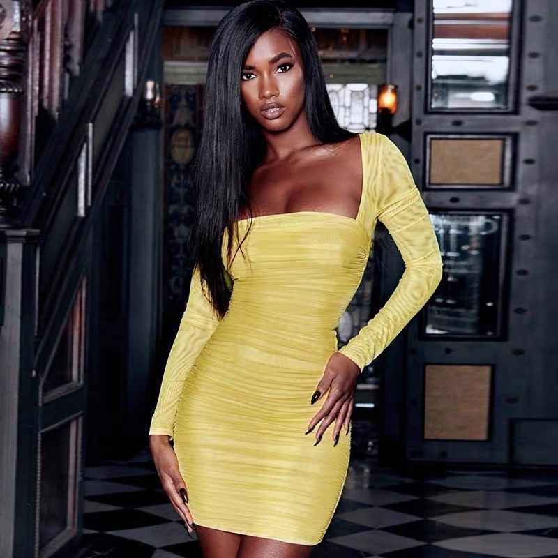 2020 Mesh Stitching Pleated Pack Hip Dress