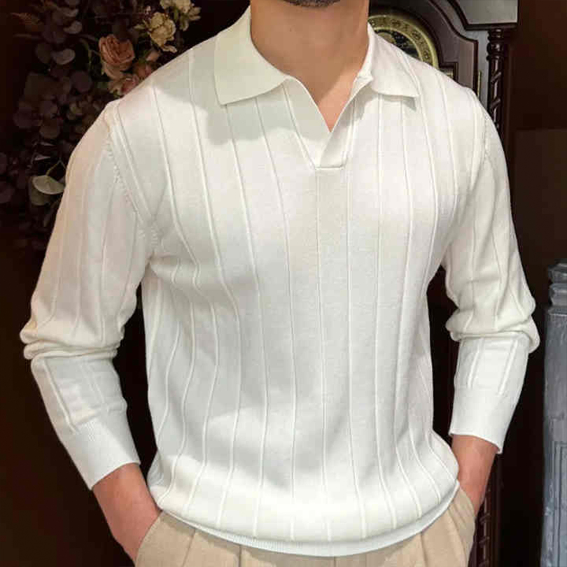 Custom Men&prime;s Old Money Solid Knit Polo Sweaters V-Neck Open Pullover