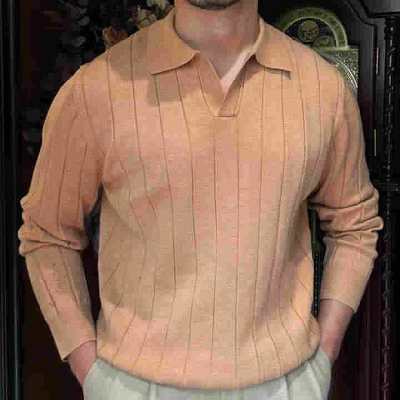 Custom Men&prime;s Old Money Solid Knit Polo Sweaters V-Neck Open Pullover