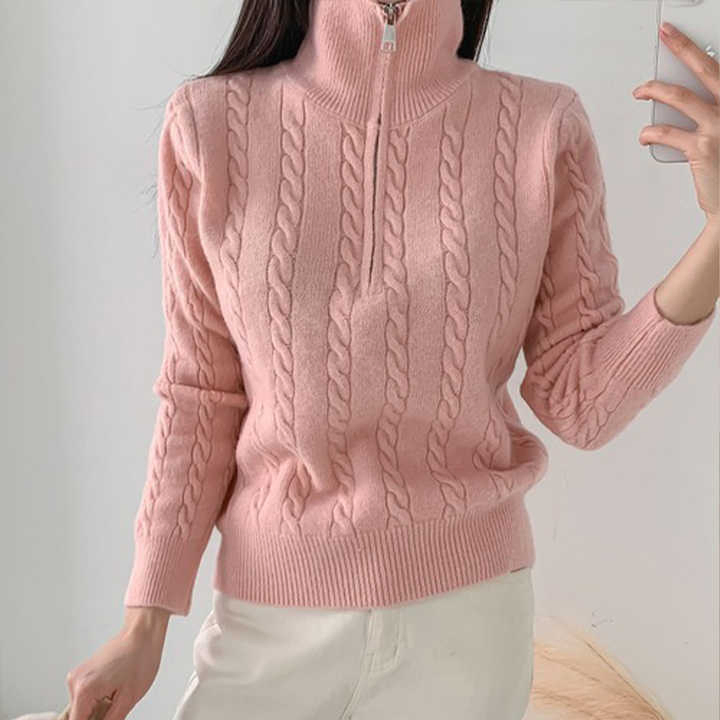 High Quality Retro Half-Zip Lazy Turtleneck Pullover Sweater for Women Long Casual Knitwear for Autumn Season