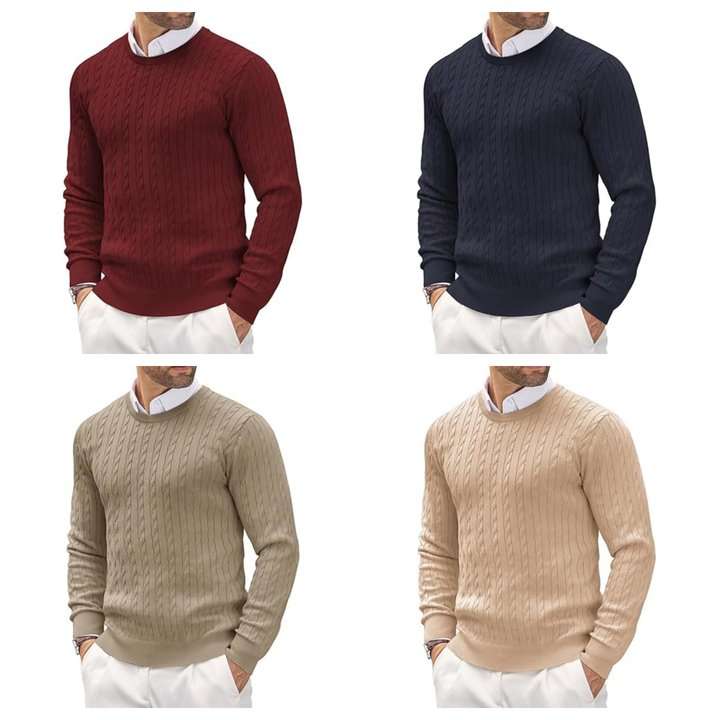 Long Sleeve Knit Sweater Men Crewneck Cable Knit Crewneck Sweaters Twist Patterned Knitted Sweater Men