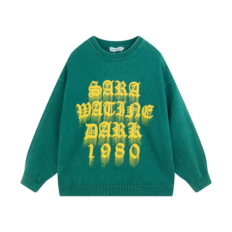 Heavyweight Screen Printing Drop Shoulder Knitted Crew Neck Sweater