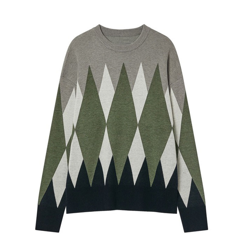 Men′s Crewneck Loose Knitted Pullover Contrast Colour Jacquard design Sweater