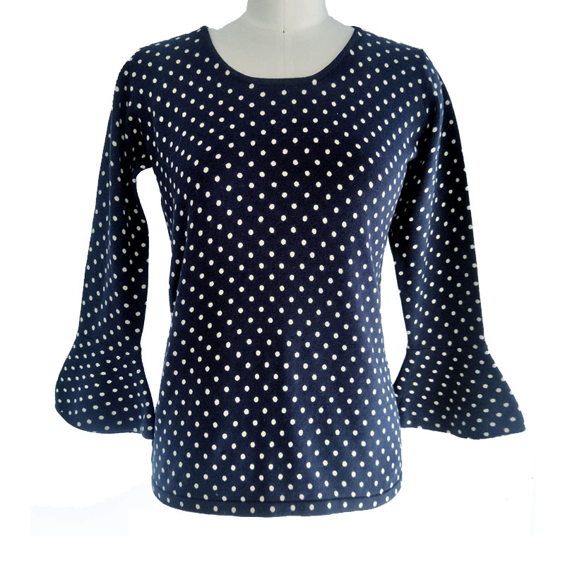 Flare Sleeve Polka DOT Print for Ladies Knitted Pullover 3/4 Sleeve Round Neck Jumper
