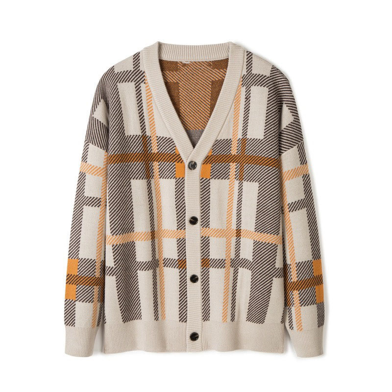 Contrast Colour Twill Plaid Spring Men′s Knitted Cardigan Long Sleeve Sweater