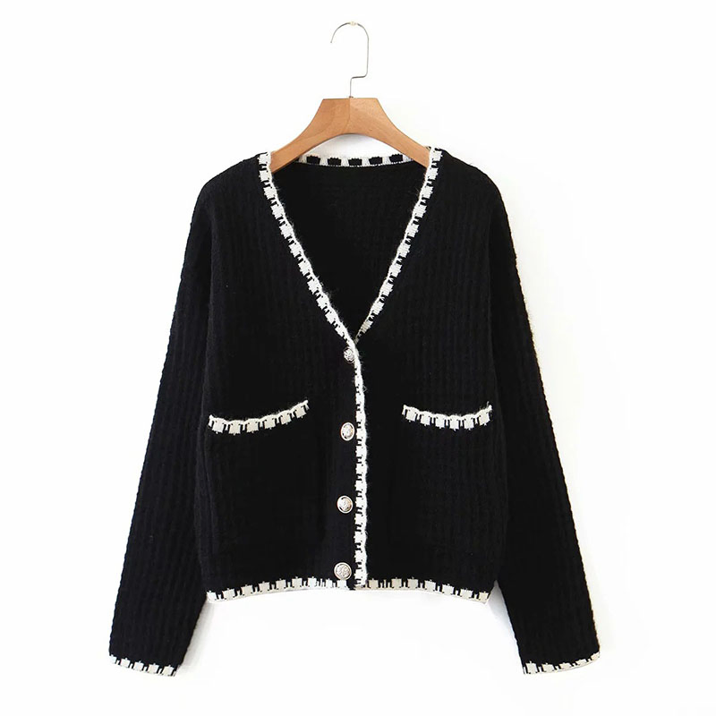 Ladies White Cardigan Contrast Edge Design Long Sleeve Sweater