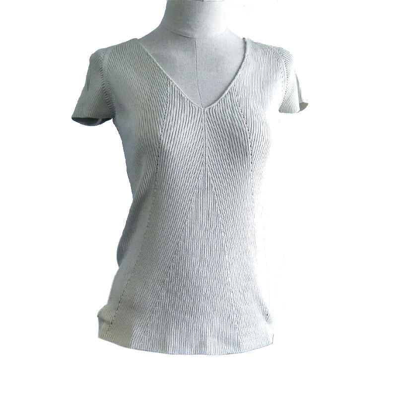 OEM Service Ribbing Pure Colour Style Ladies Knitted Pullover Women Knitting Short Sleeve V- Neck Sweater