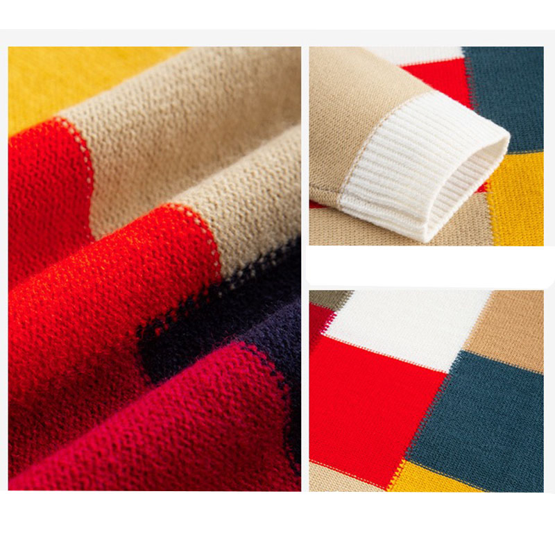 Colourfull Block Jacquard Men&prime;s Winter Knitted Long Sleeve Round Neck Jumper