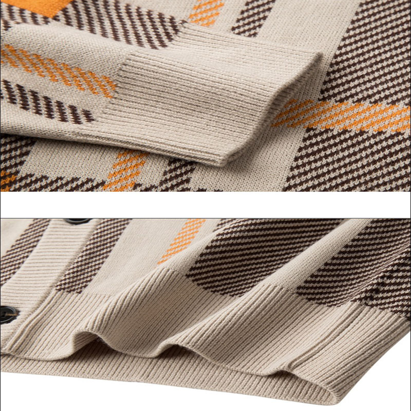 Contrast Colour Twill Plaid Spring Men&prime;s Knitted Cardigan Long Sleeve Sweater