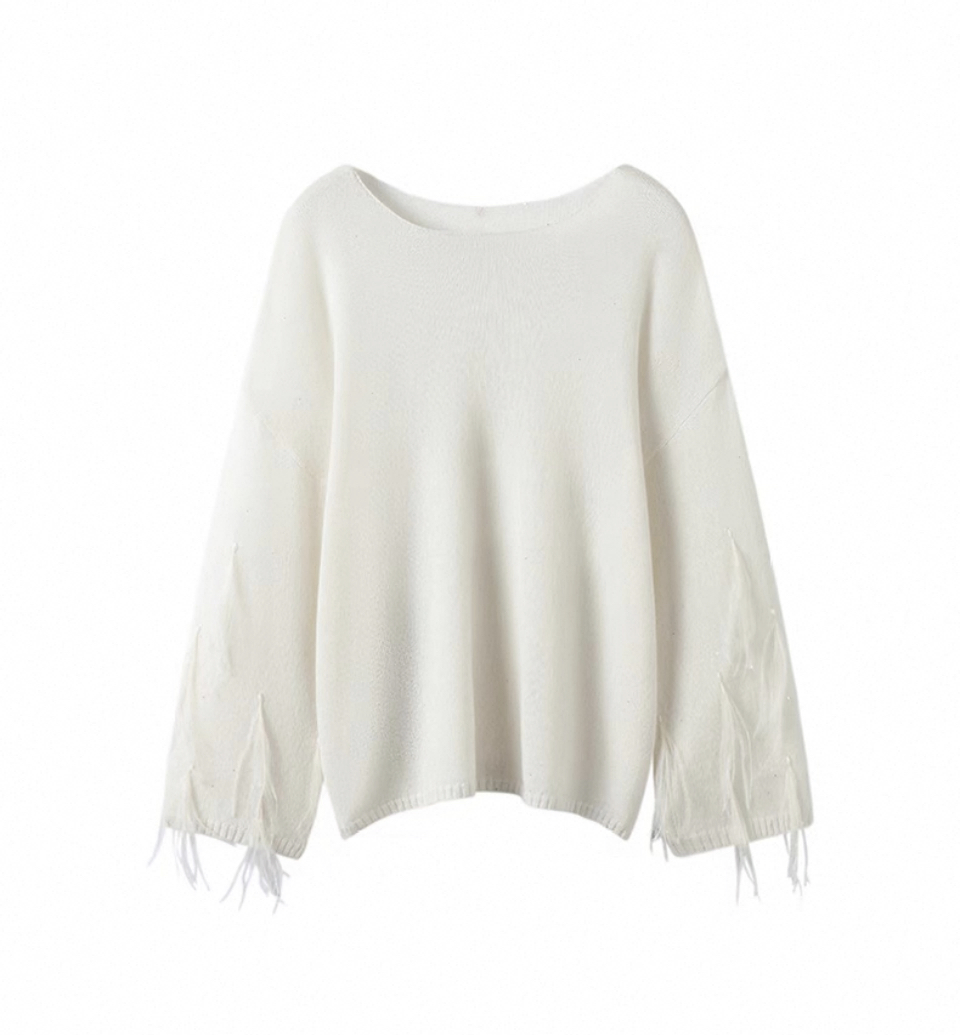 Pure Cashmere Sweater with Hand-Beaded Detail, Round Collar Design