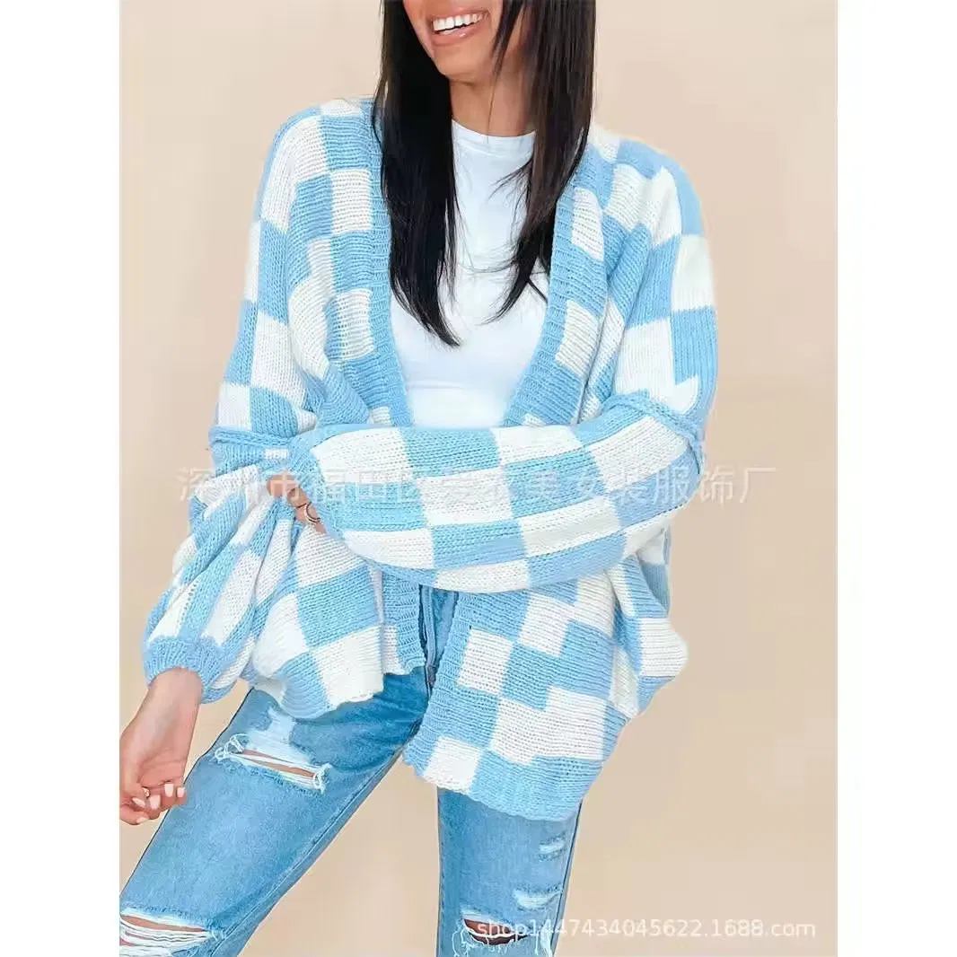 Fashion Plaid Stitch Women&prime;s Coat Sweater