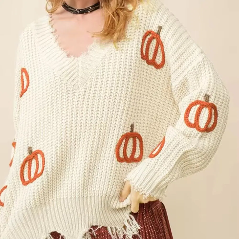 Oversized Loose Pullover Embroidered Pumpkin Pattern Casual Halloween Cable Knit Sweater