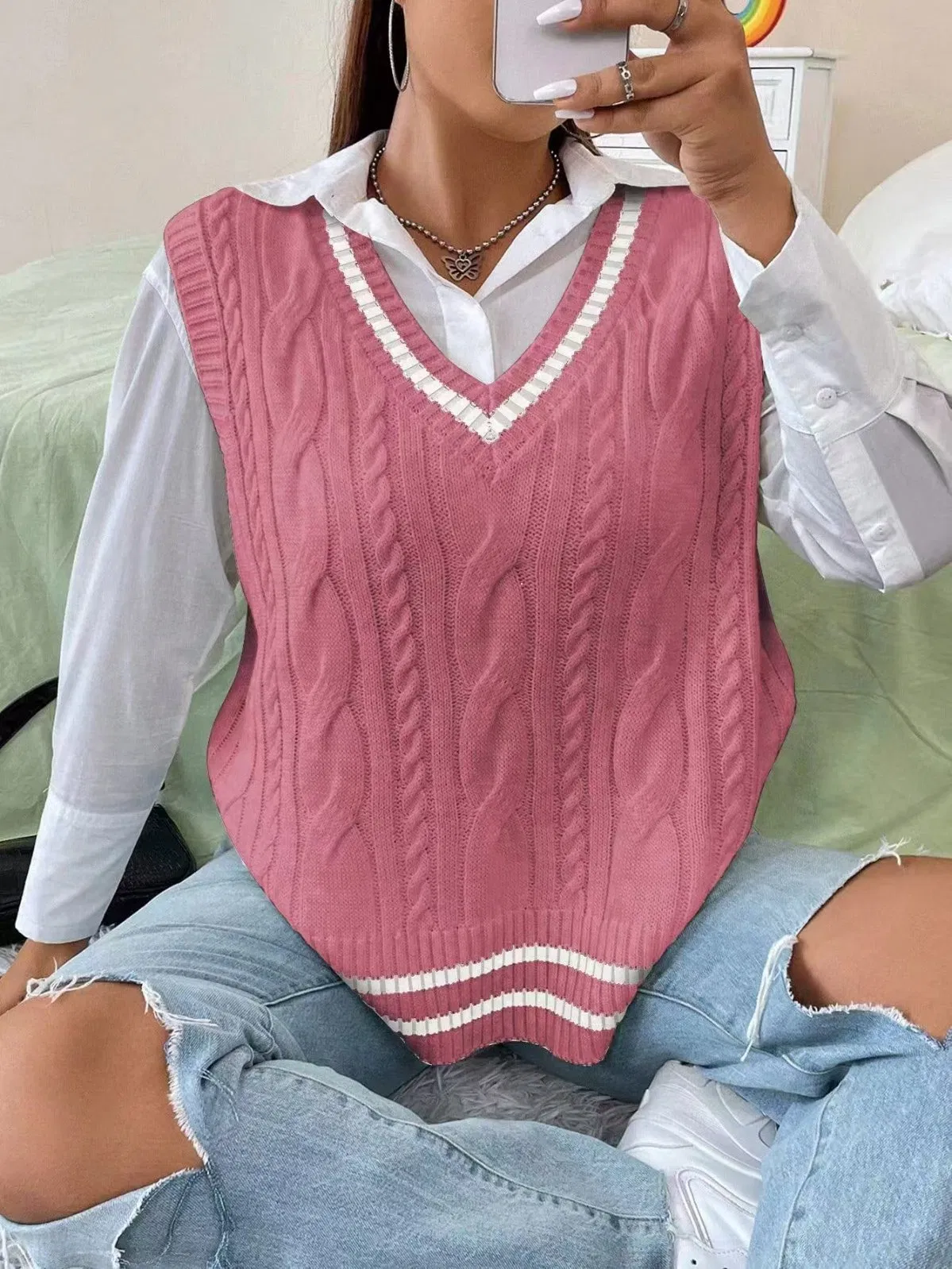 Women Crochet Vest Top V Neck Sweater Vest White Knitted Pullover Sweater