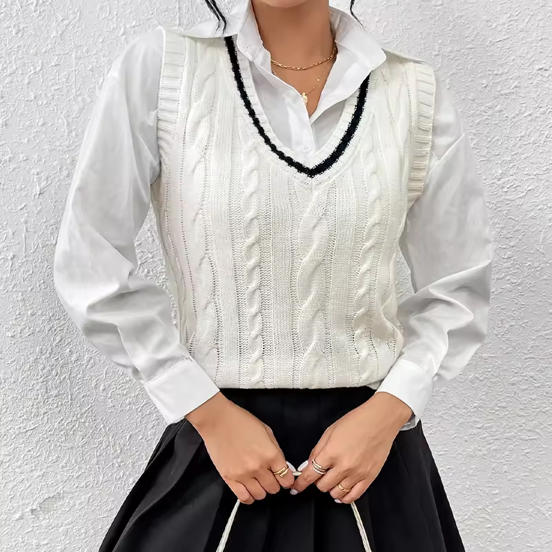 Women Crochet Vest Top V Neck Sweater Vest White Knitted Pullover Sweater