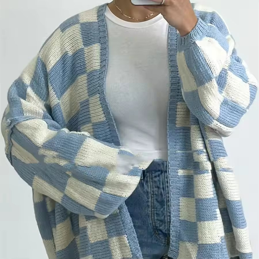 Fashion Plaid Stitch Women&prime;s Coat Sweater