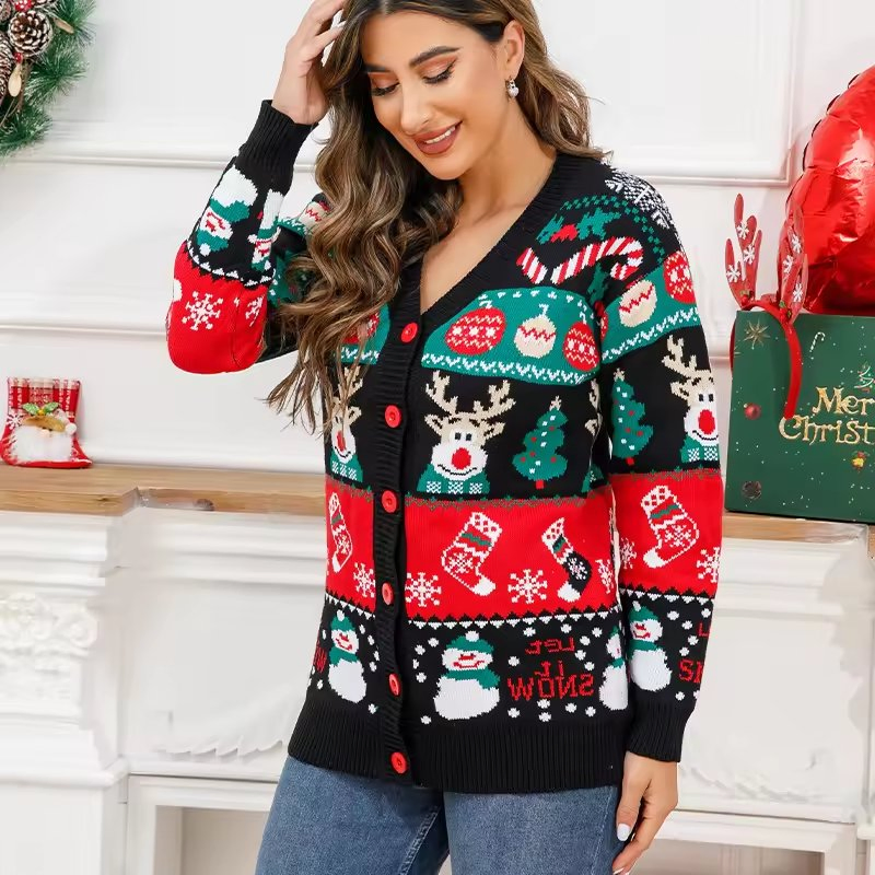 Christmas Clothes Winter Ladies Knit Sweater Jacket Loose Single Breasted Knitted Ugly Christmas Sweater