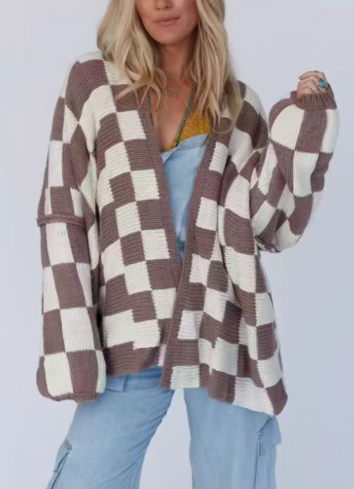 Fashion Plaid Stitch Women′s Coat Sweater
