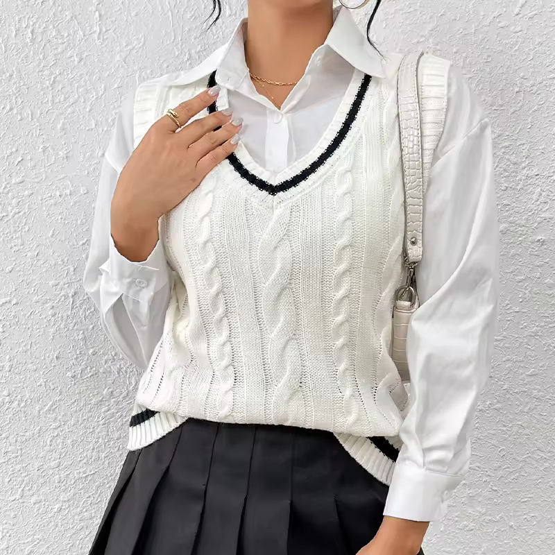 Women Crochet Vest Top V Neck Sweater Vest White Knitted Pullover Sweater
