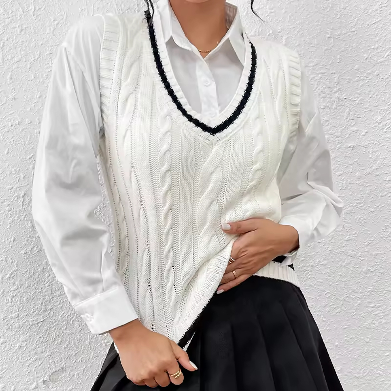 Women Crochet Vest Top V Neck Sweater Vest White Knitted Pullover Sweater