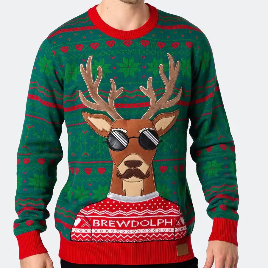 Custom Men′s Knitted Ugly Jacquard Christmas Jumper Fashion Green Reindeer Pocket Pullover Sweater