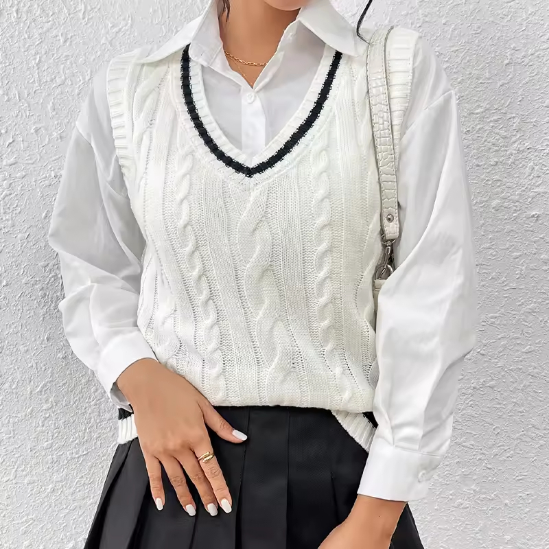 Women Crochet Vest Top V Neck Sweater Vest White Knitted Pullover Sweater
