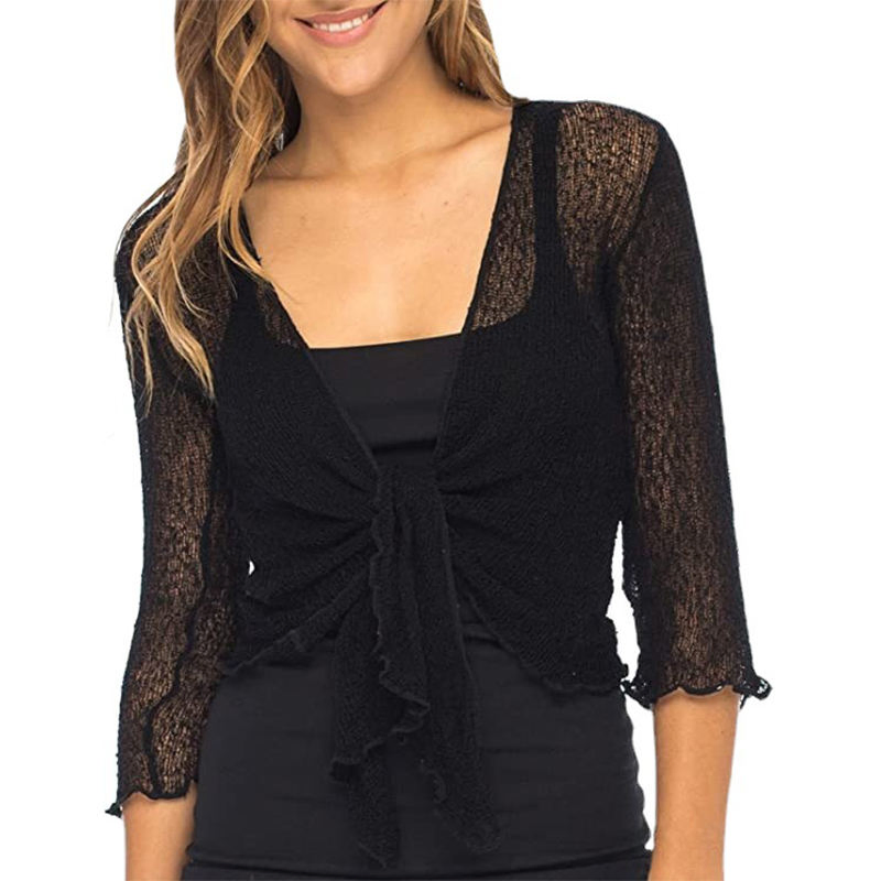Women Solid Color Ribbed Long Sleeve V Neck Knit Shrug Tie Cardigan