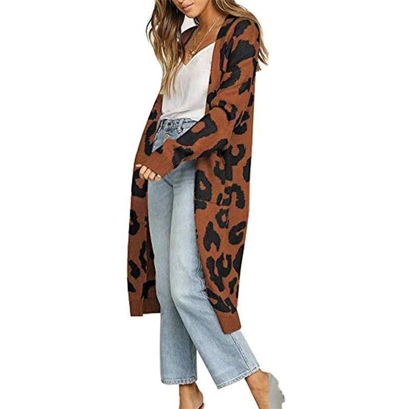 Women&prime;s Leopard Print Long Knitted Sweater Cardigan